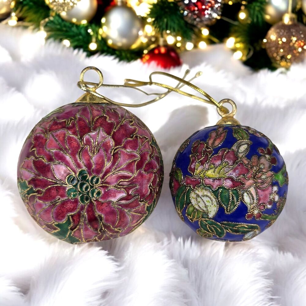2 pc Vintage Cloisonne Collectible Ornaments Poinsettia